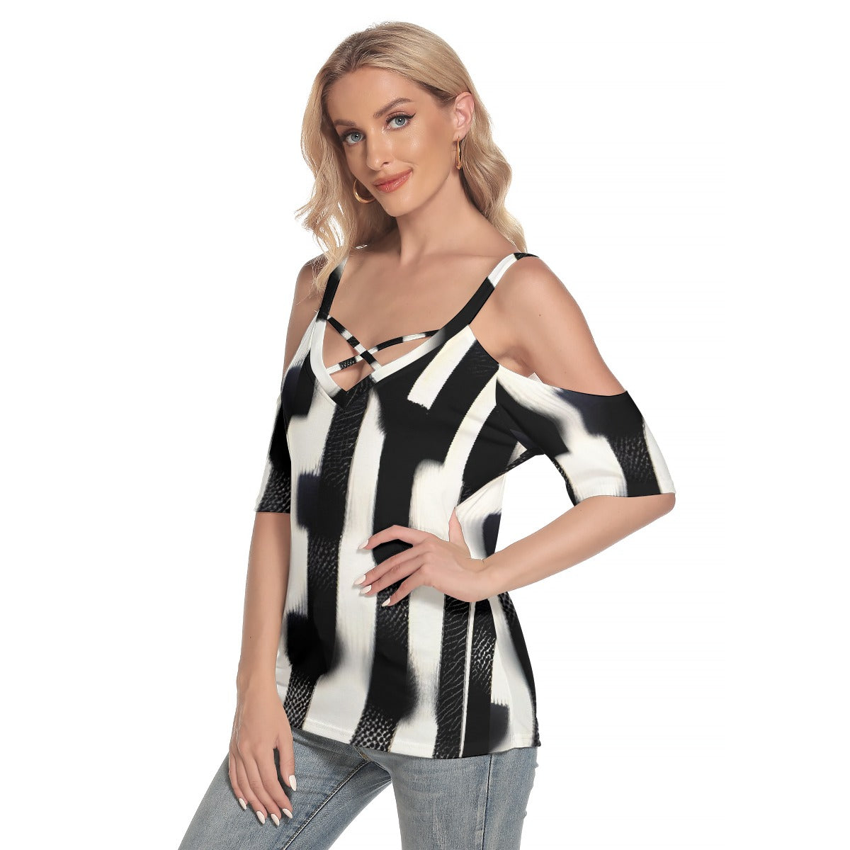 All-Over Print Women's Cold Shoulder T-shirt With Criss Cross Strips