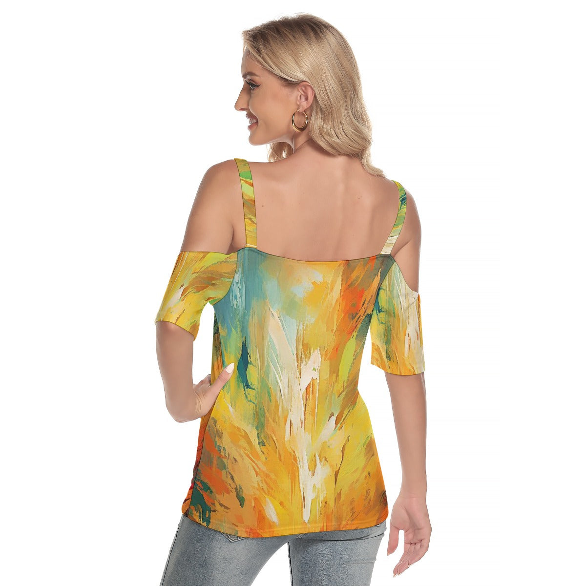 All-Over Print Women's Cold Shoulder T-shirt With Criss Cross Strips