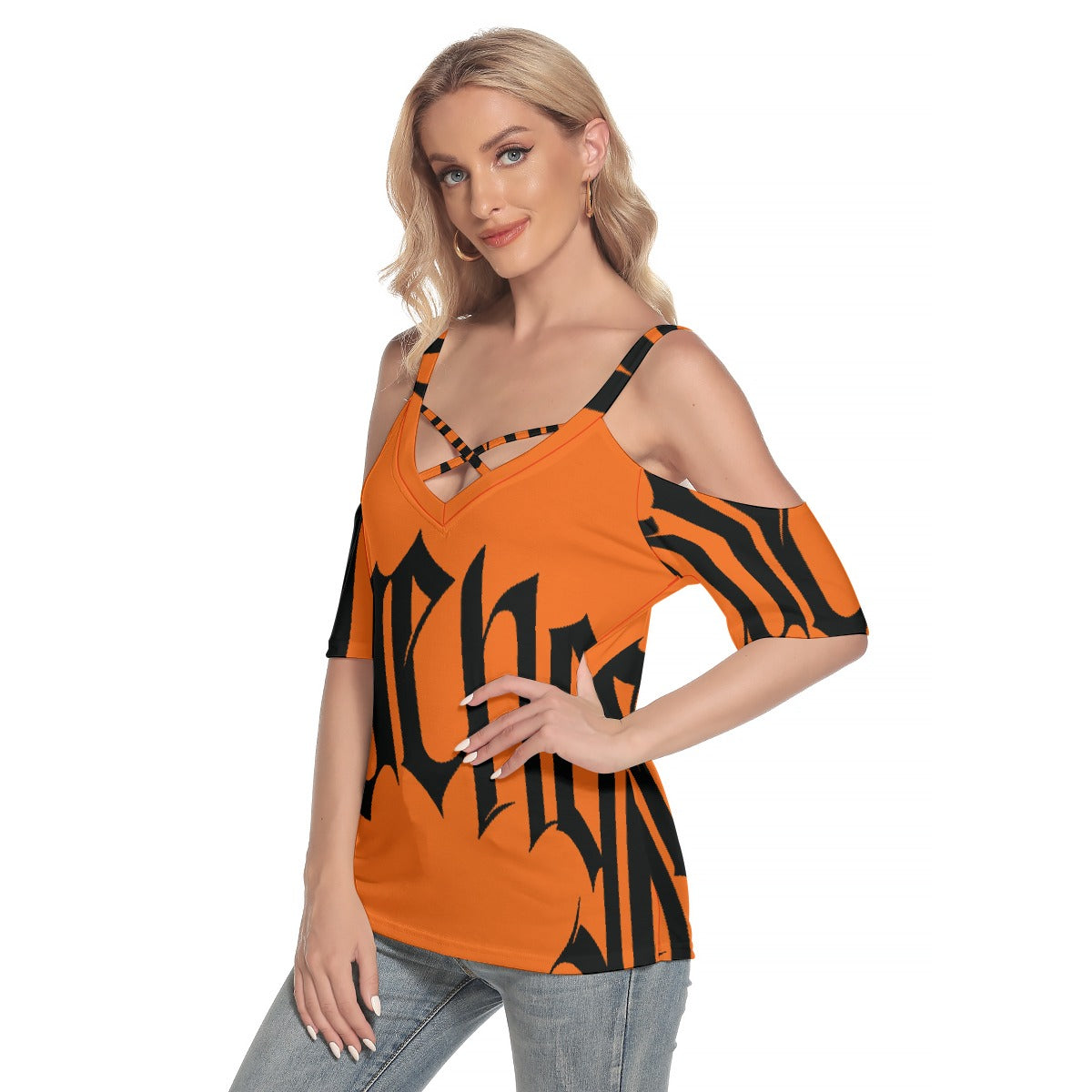 All-Over Print Women's Cold Shoulder T-shirt With Criss Cross Strips