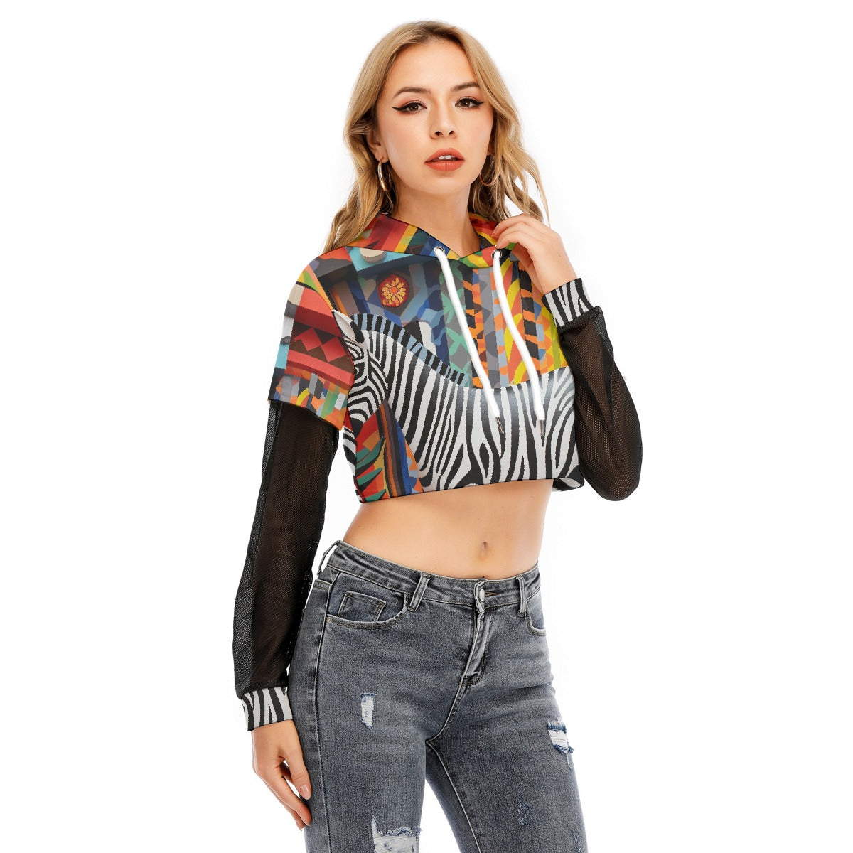 All-Over Print Women's Fake Two-piece Mesh Sleeve Cropped Hoodie