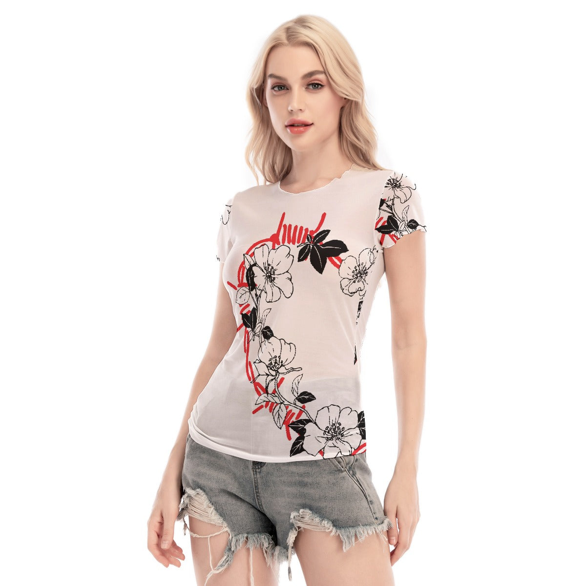 All-Over Print Women's Short Sleeve Mesh Blouse