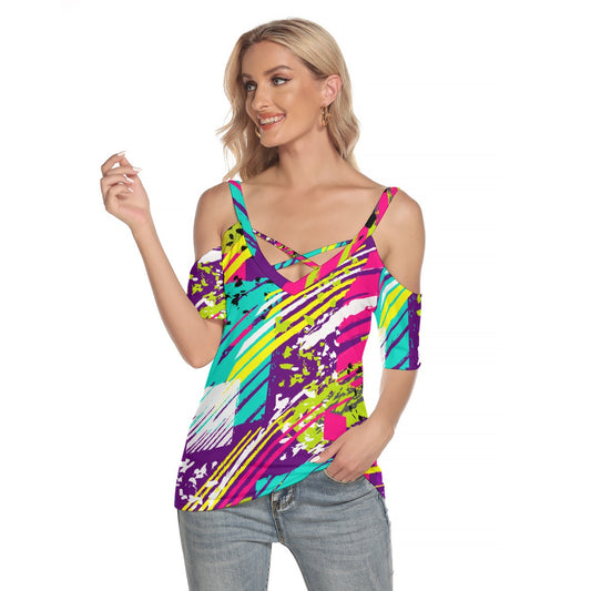 All-Over Print Women's Cold Shoulder T-shirt With Criss Cross Strips