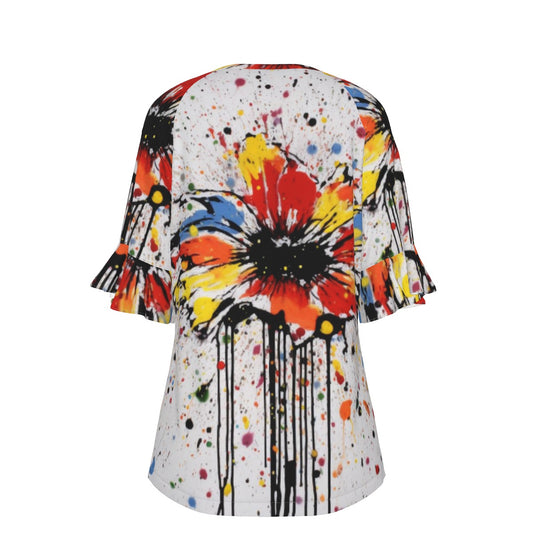 All-Over Print V-neck Women's T-shirt With Bell Sleeve