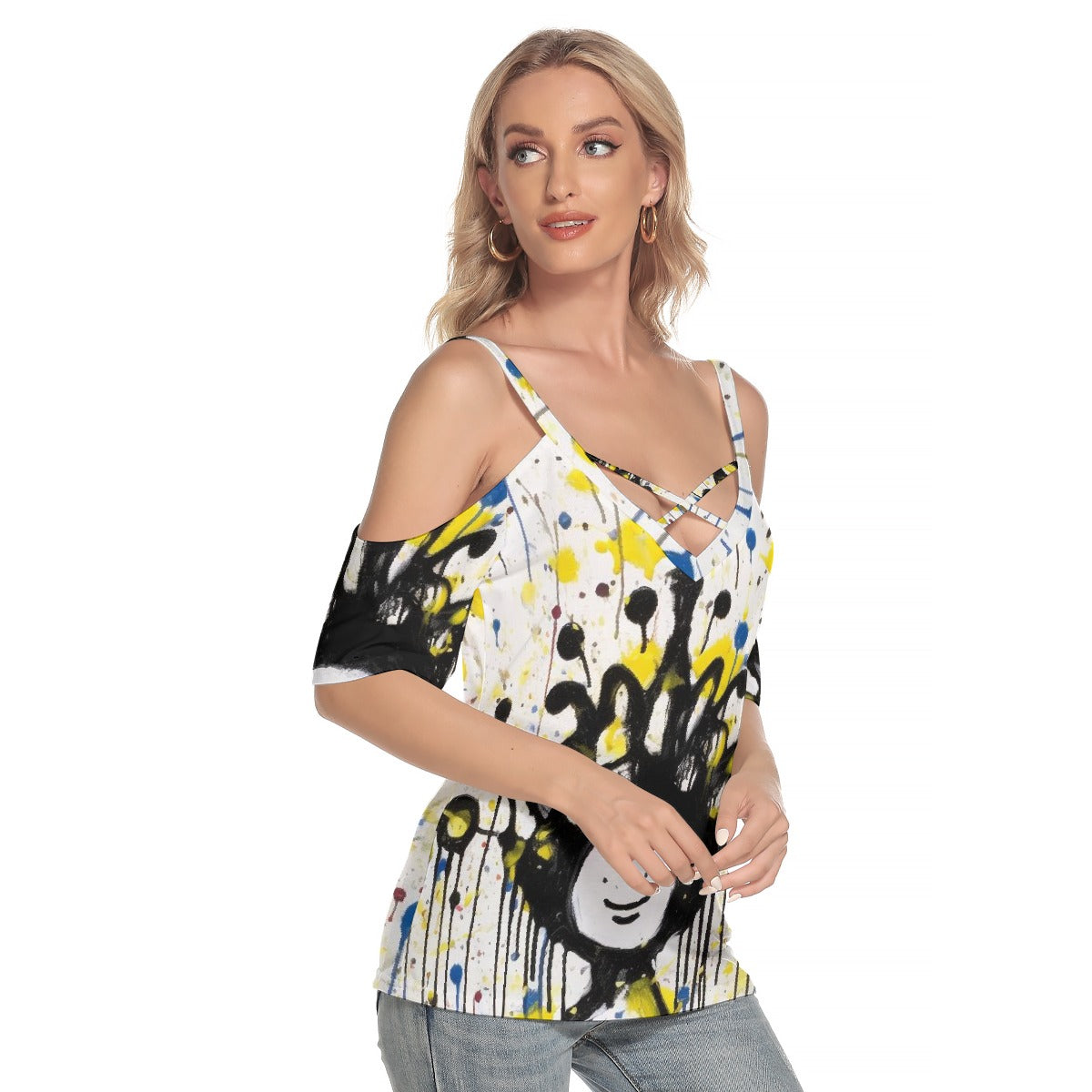 All-Over Print Women's Cold Shoulder T-shirt With Criss Cross Strips