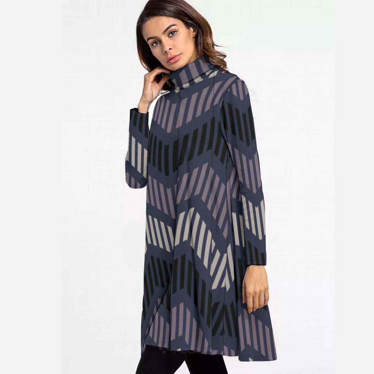 All-Over Print Women's High Neck Dress With Long Sleeve