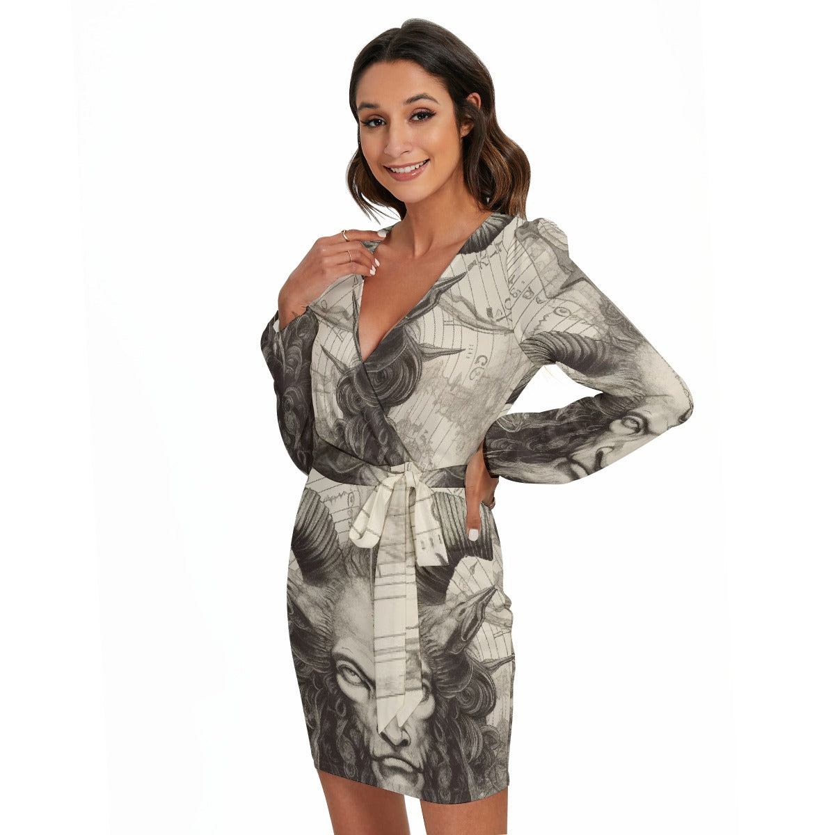 All-Over Print Women's Long Sleeve Dress With Waist Belt