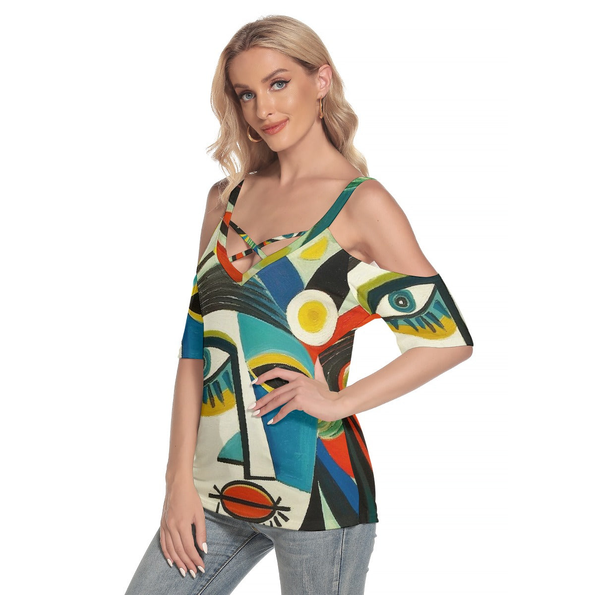 All-Over Print Women's Cold Shoulder T-shirt With Criss Cross Strips