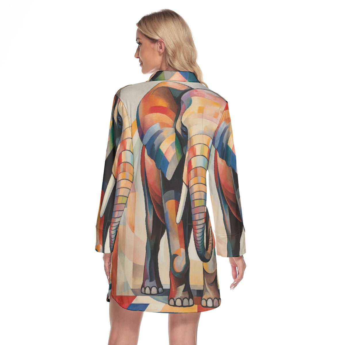 All-Over Print Women's Lapel Shirt Dress With Long Sleeve