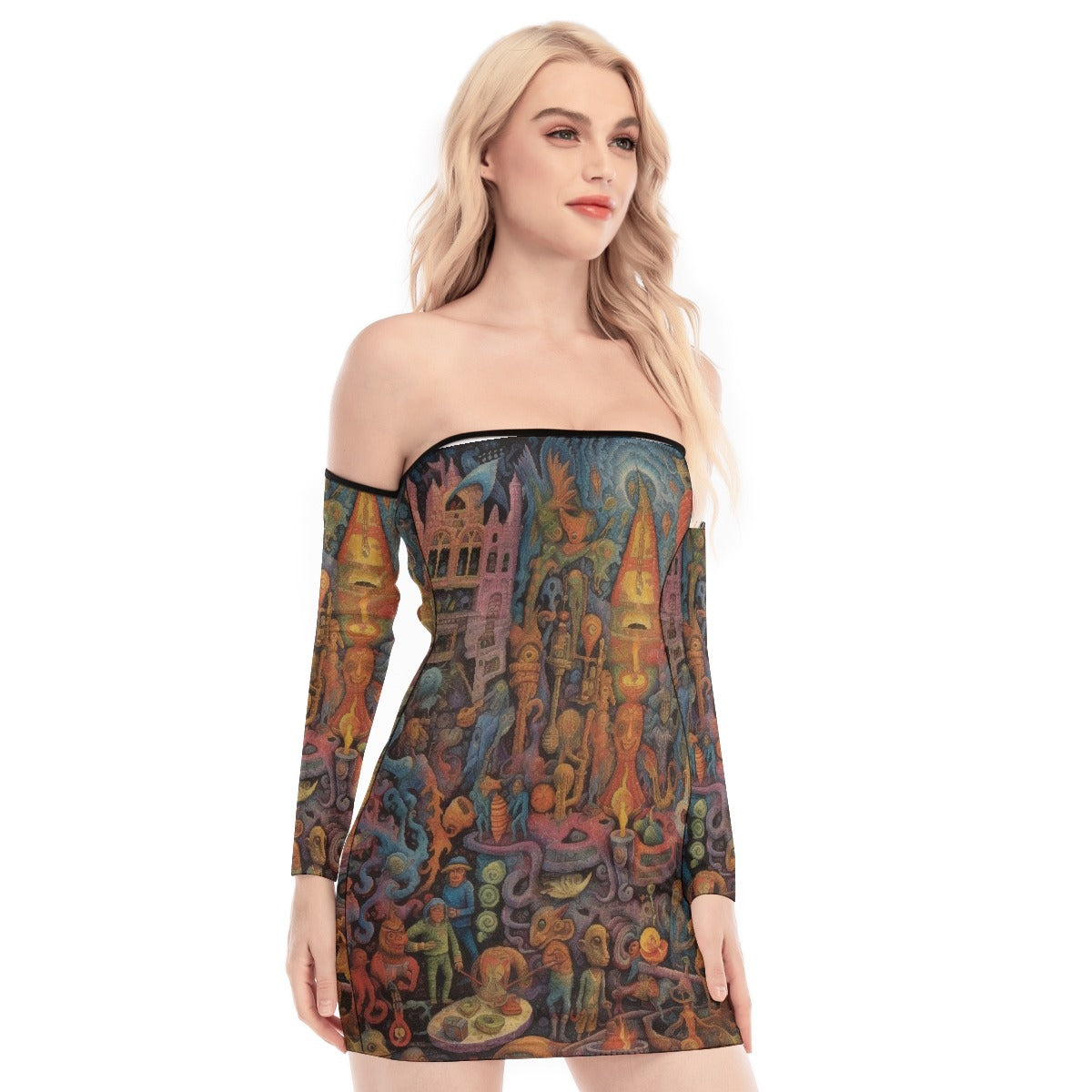 All-Over Print Women's Off-shoulder Back Lace-up Dress