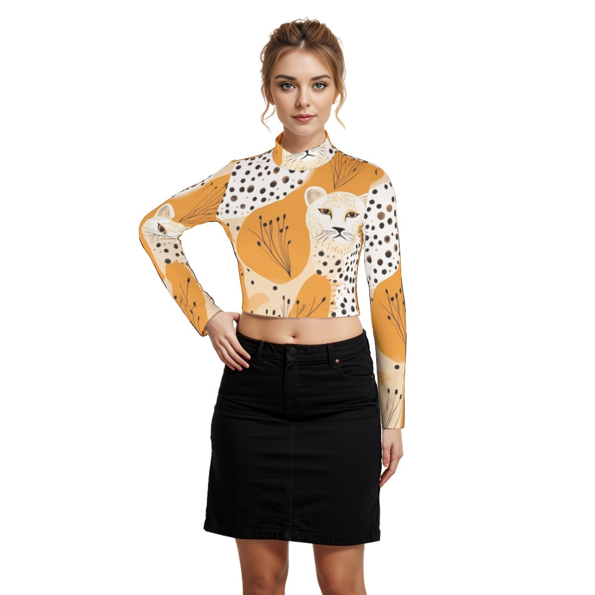 Eco-Friendly All-Over Print Women's Turtleneck T-shirt With Long Sleeve