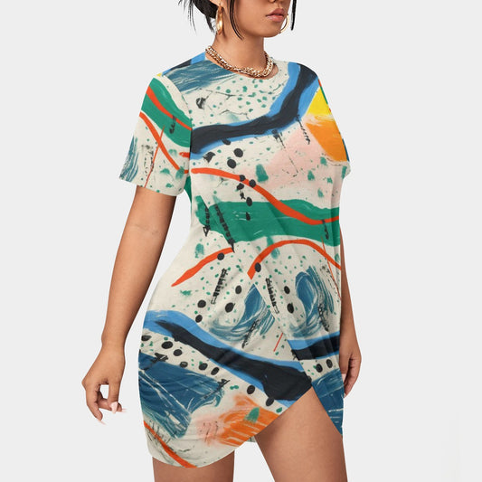 All-Over Print Women’s Stacked Hem Dress With Short Sleeve（Plus Size）