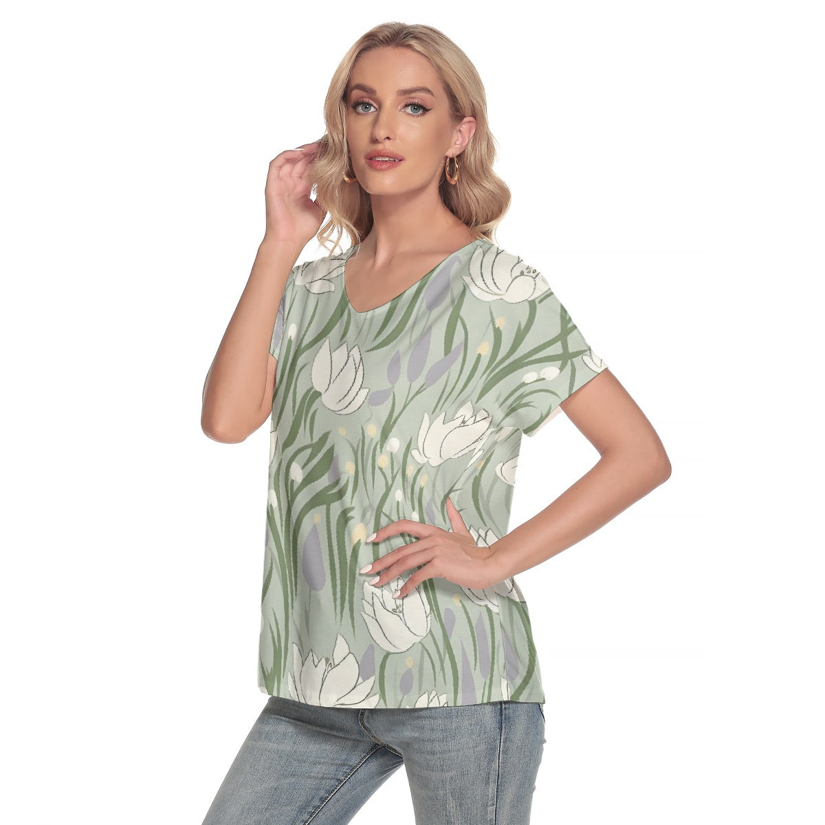 All-Over Print Women's Loose V-neck Short Sleeve T-shirt