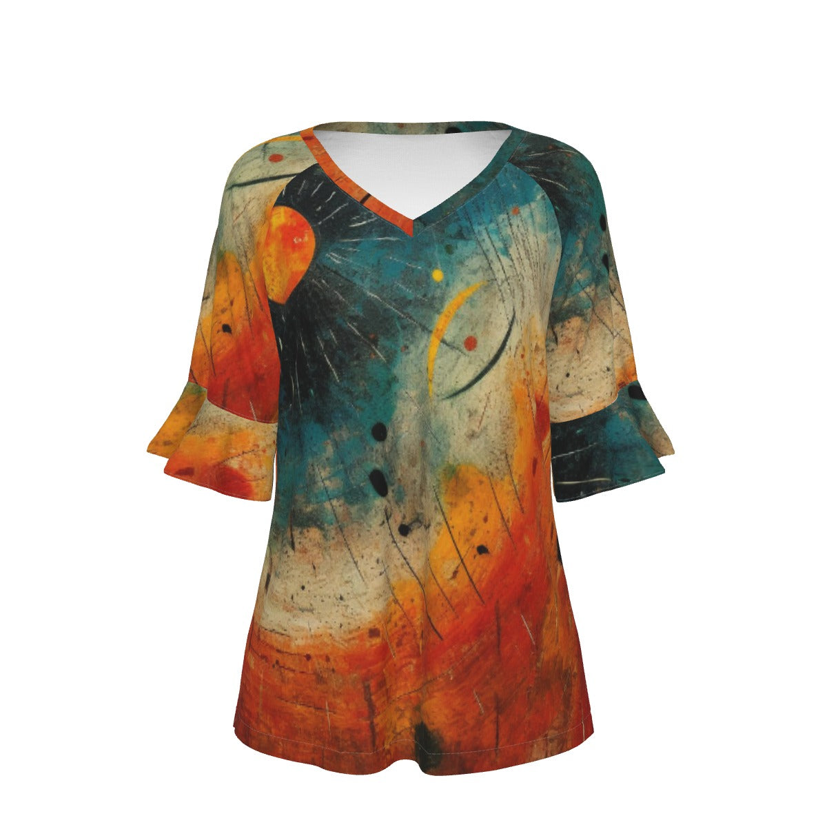 All-Over Print V-neck Women's T-shirt With Bell Sleeve