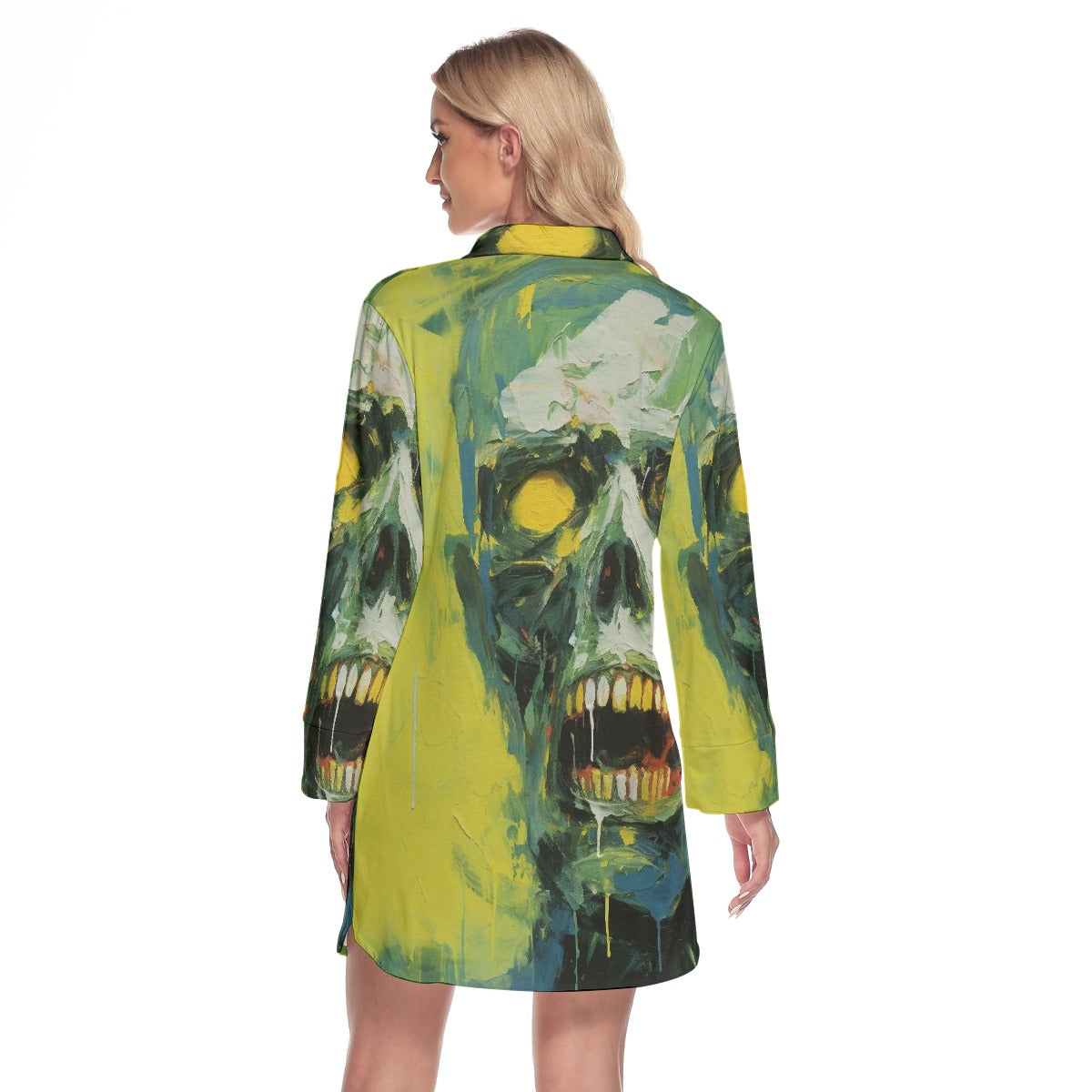 All-Over Print Women's Lapel Shirt Dress With Long Sleeve