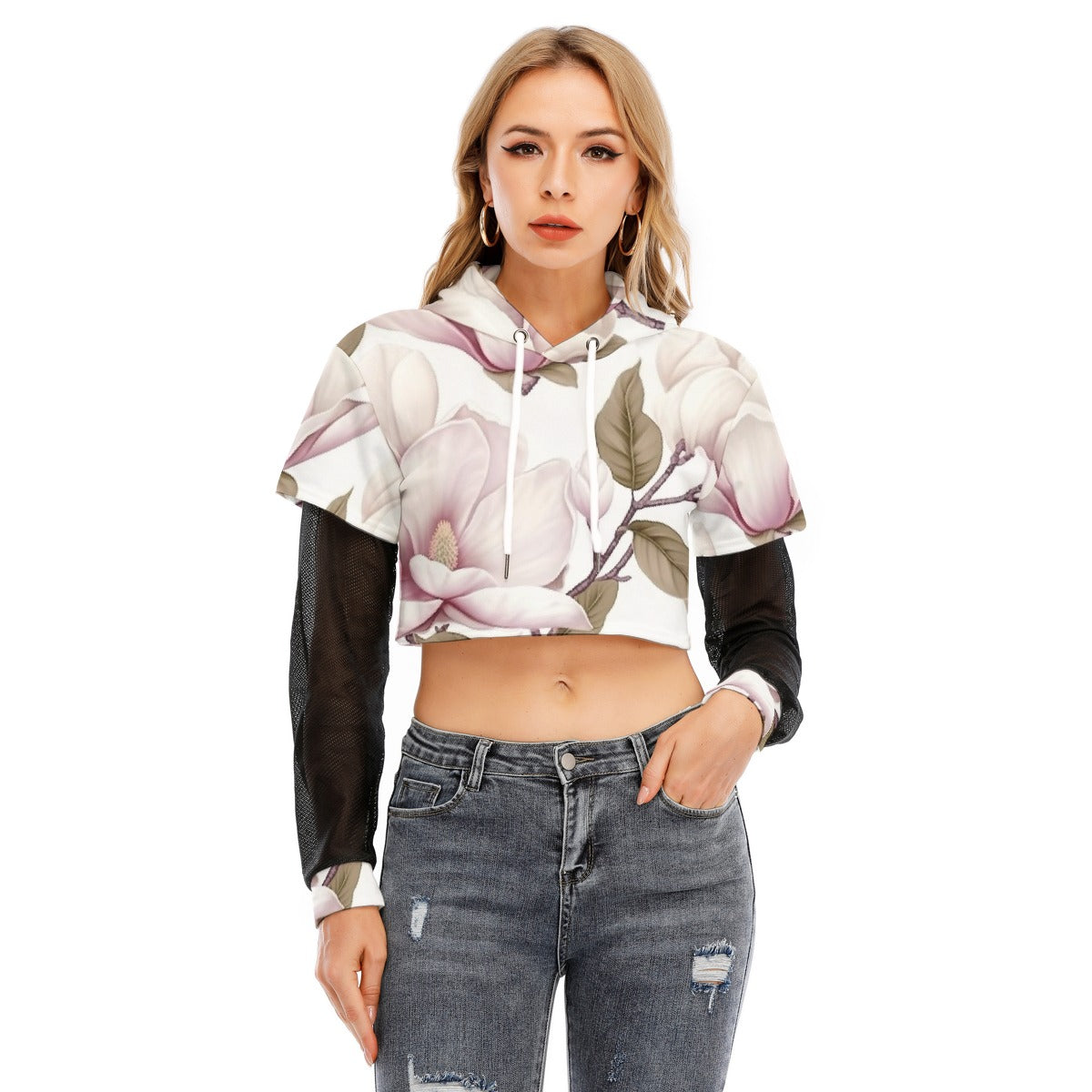 All-Over Print Women's Fake Two-piece Mesh Sleeve Cropped Hoodie