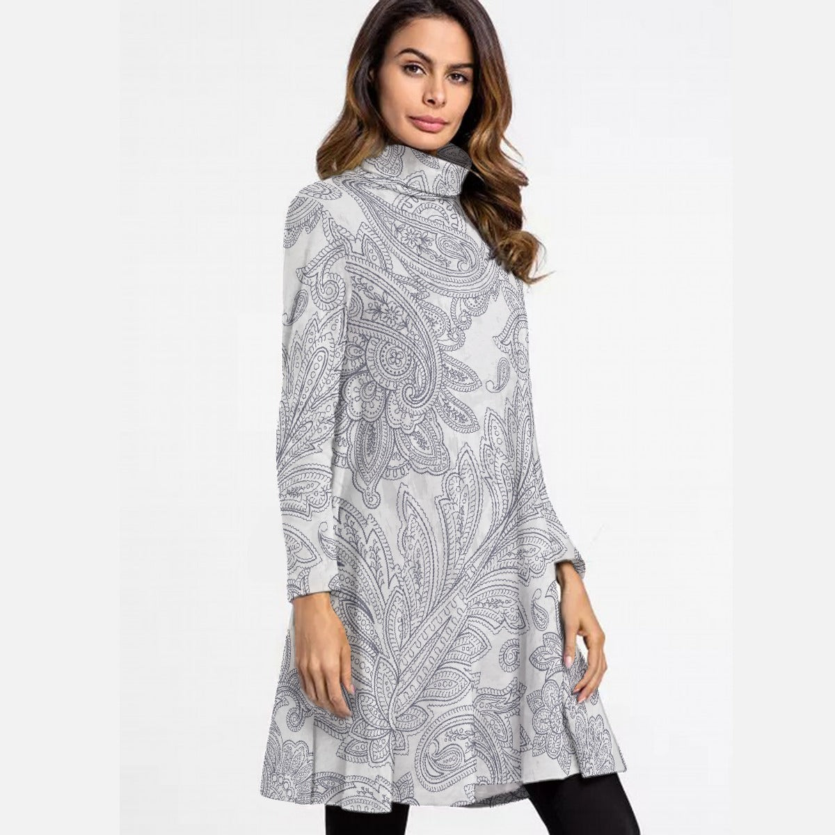 All-Over Print Women's High Neck Dress With Long Sleeve