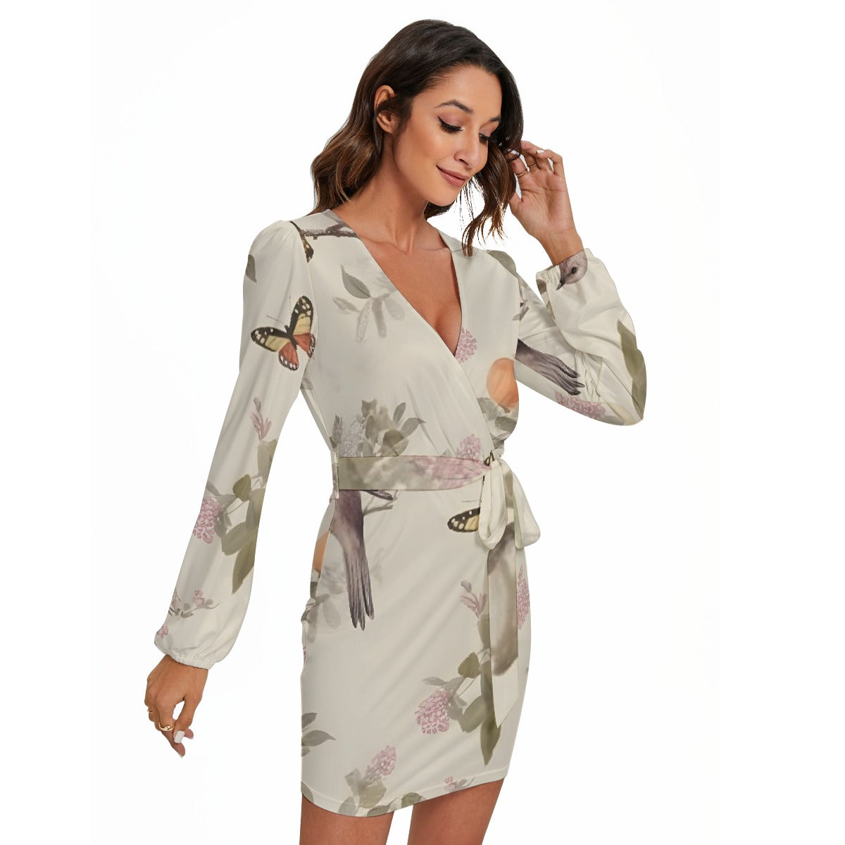 All-Over Print Women's Long Sleeve Dress With Waist Belt