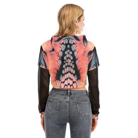 All-Over Print Women's Fake Two-piece Mesh Sleeve Cropped Hoodie