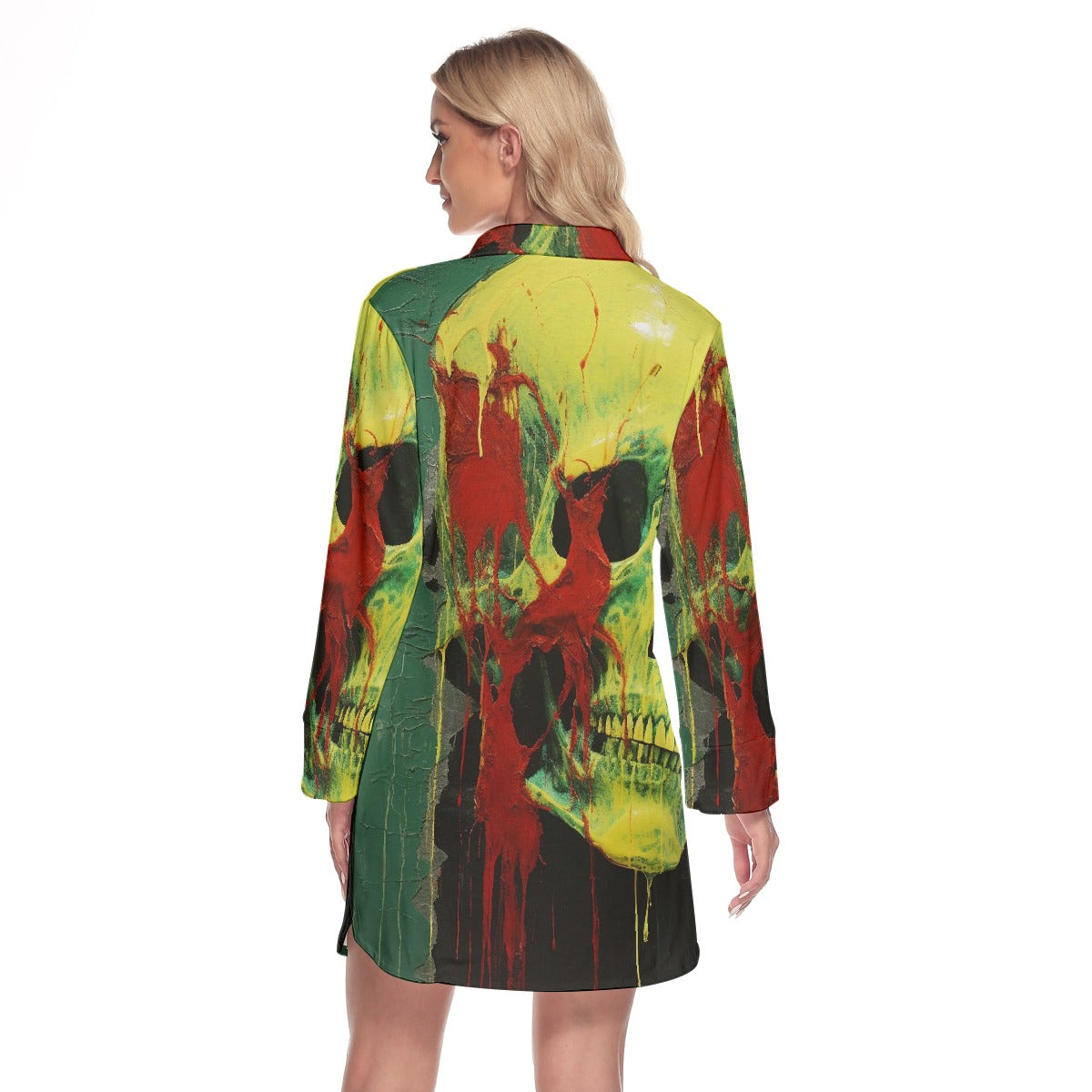 All-Over Print Women's Lapel Shirt Dress With Long Sleeve