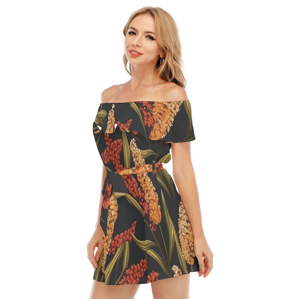 All-Over Print Women's Off-shoulder Dress With Ruffle