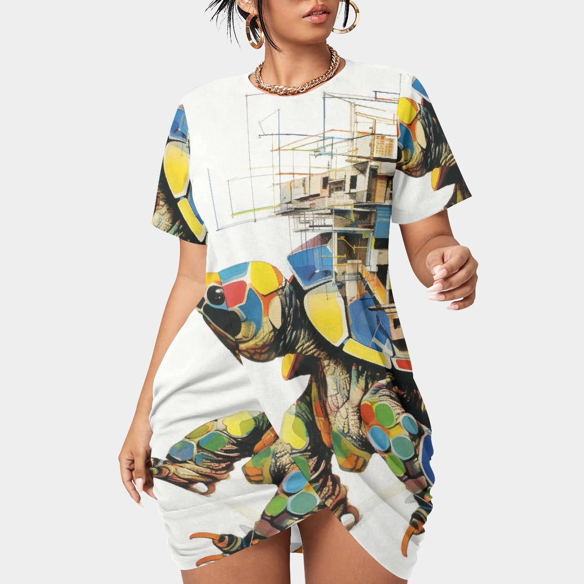 All-Over Print Women’s Stacked Hem Dress With Short Sleeve（Plus Size）