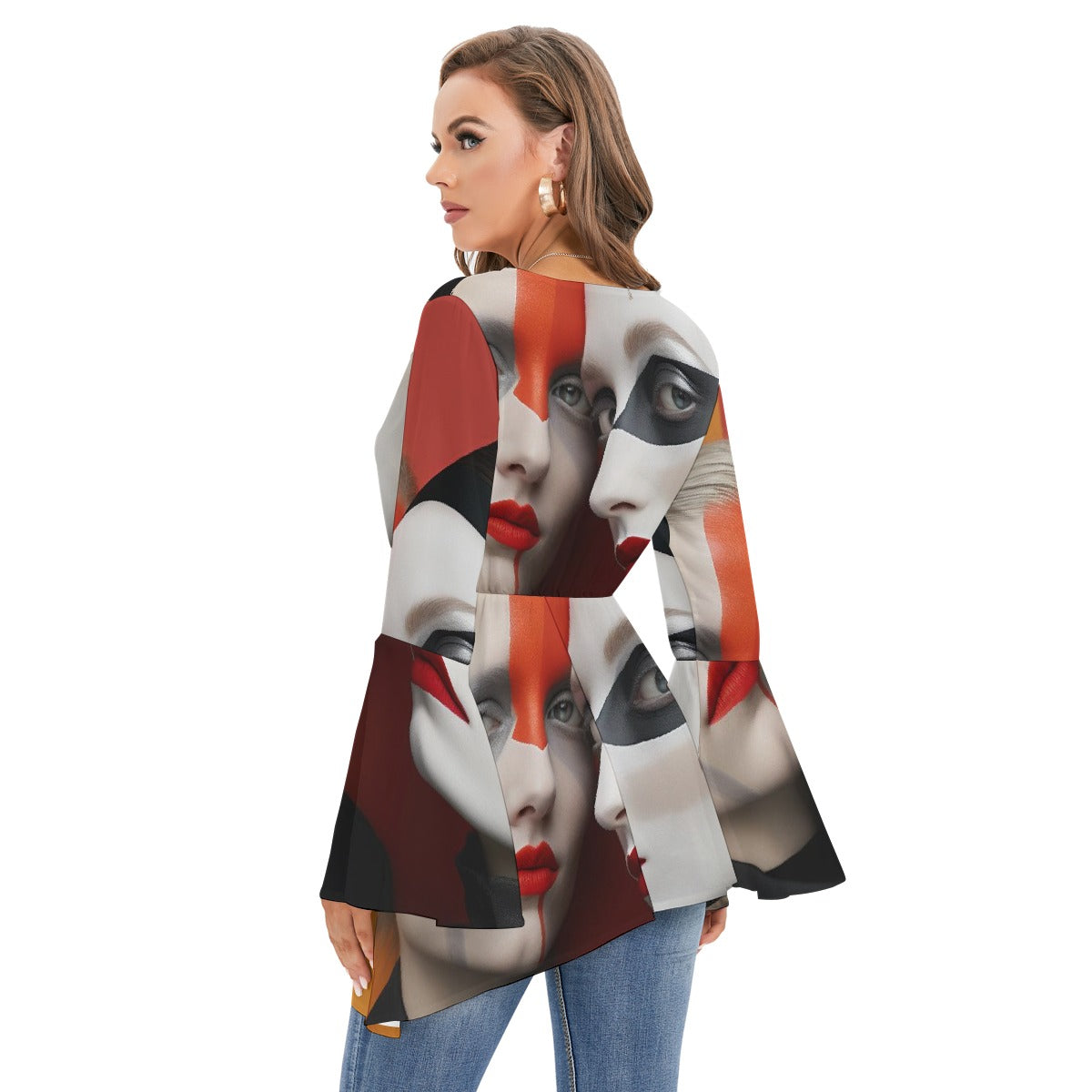 All-Over Print Women's V-neck Blouse With Flared Sleeves