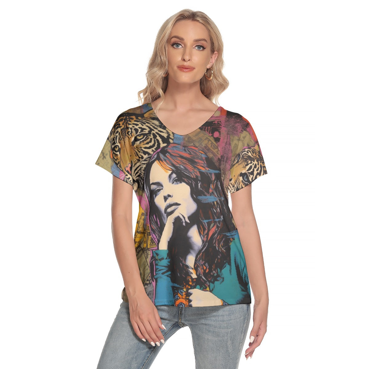 All-Over Print Women's Loose V-neck Short Sleeve T-shirt