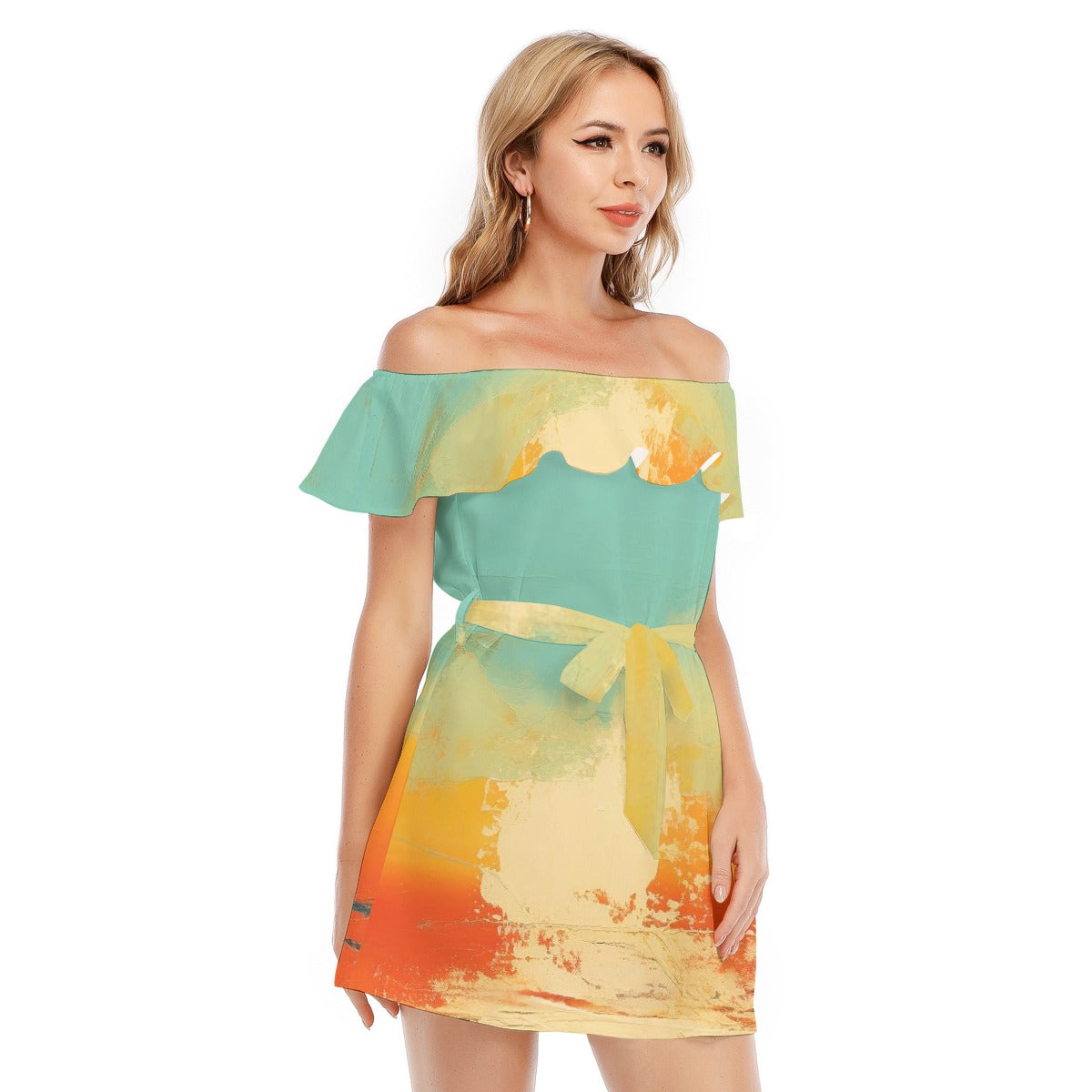 All-Over Print Women's Off-shoulder Dress With Ruffle