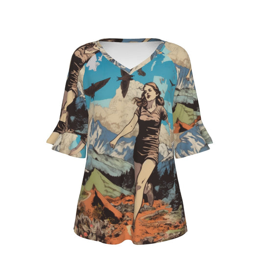 All-Over Print V-neck Women's T-shirt With Bell Sleeve