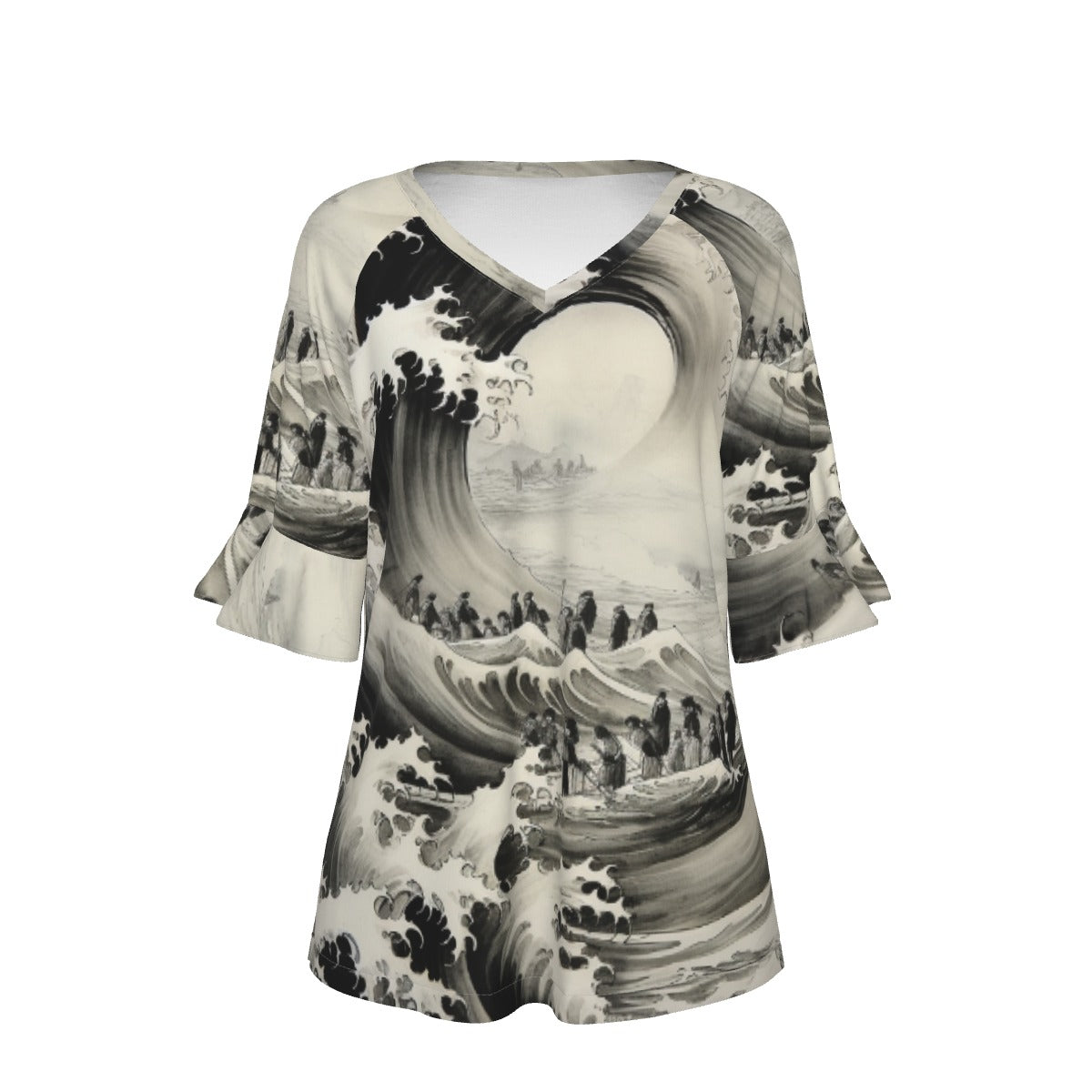 All-Over Print V-neck Women's T-shirt With Bell Sleeve