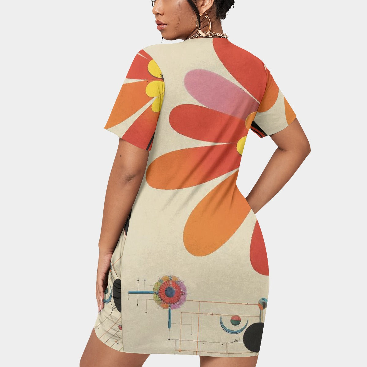 All-Over Print Women’s Stacked Hem Dress With Short Sleeve（Plus Size）