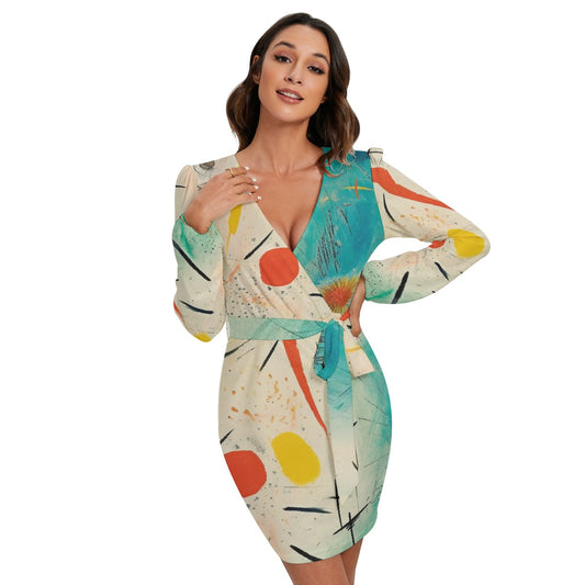 All-Over Print Women's Long Sleeve Dress With Waist Belt