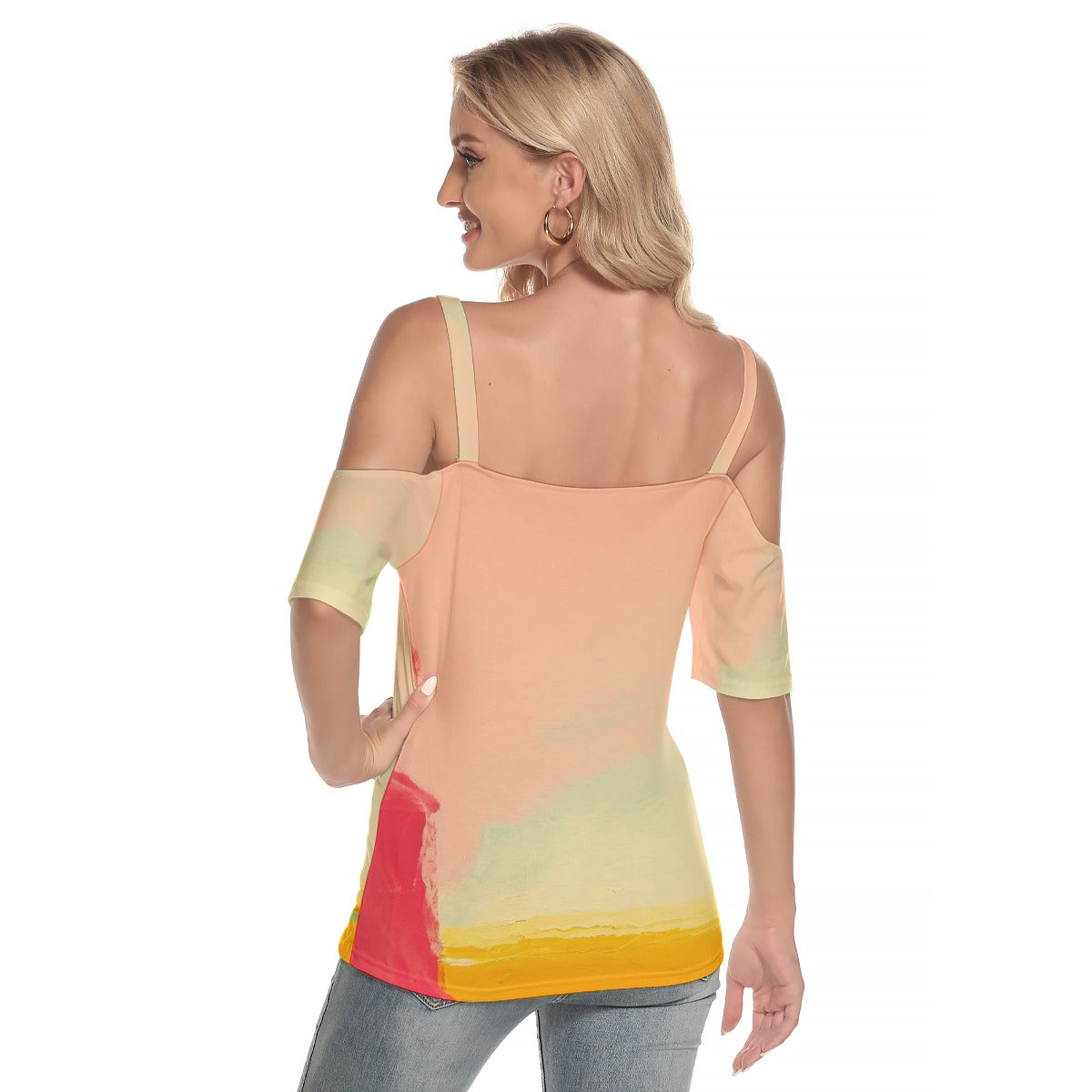 All-Over Print Women's Cold Shoulder T-shirt With Criss Cross Strips