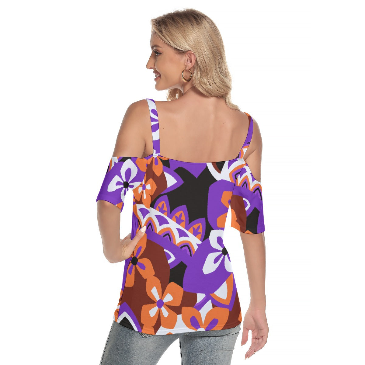 All-Over Print Women's Cold Shoulder T-shirt With Criss Cross Strips