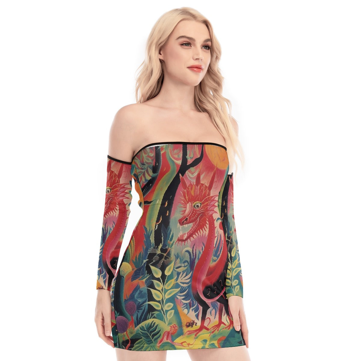 All-Over Print Women's Off-shoulder Back Lace-up Dress