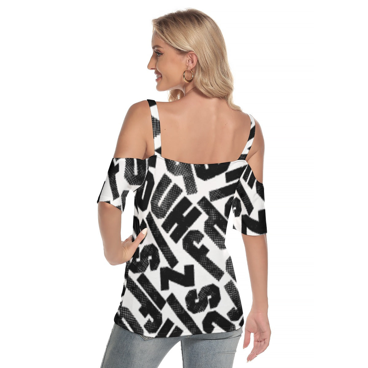 All-Over Print Women's Cold Shoulder T-shirt With Criss Cross Strips