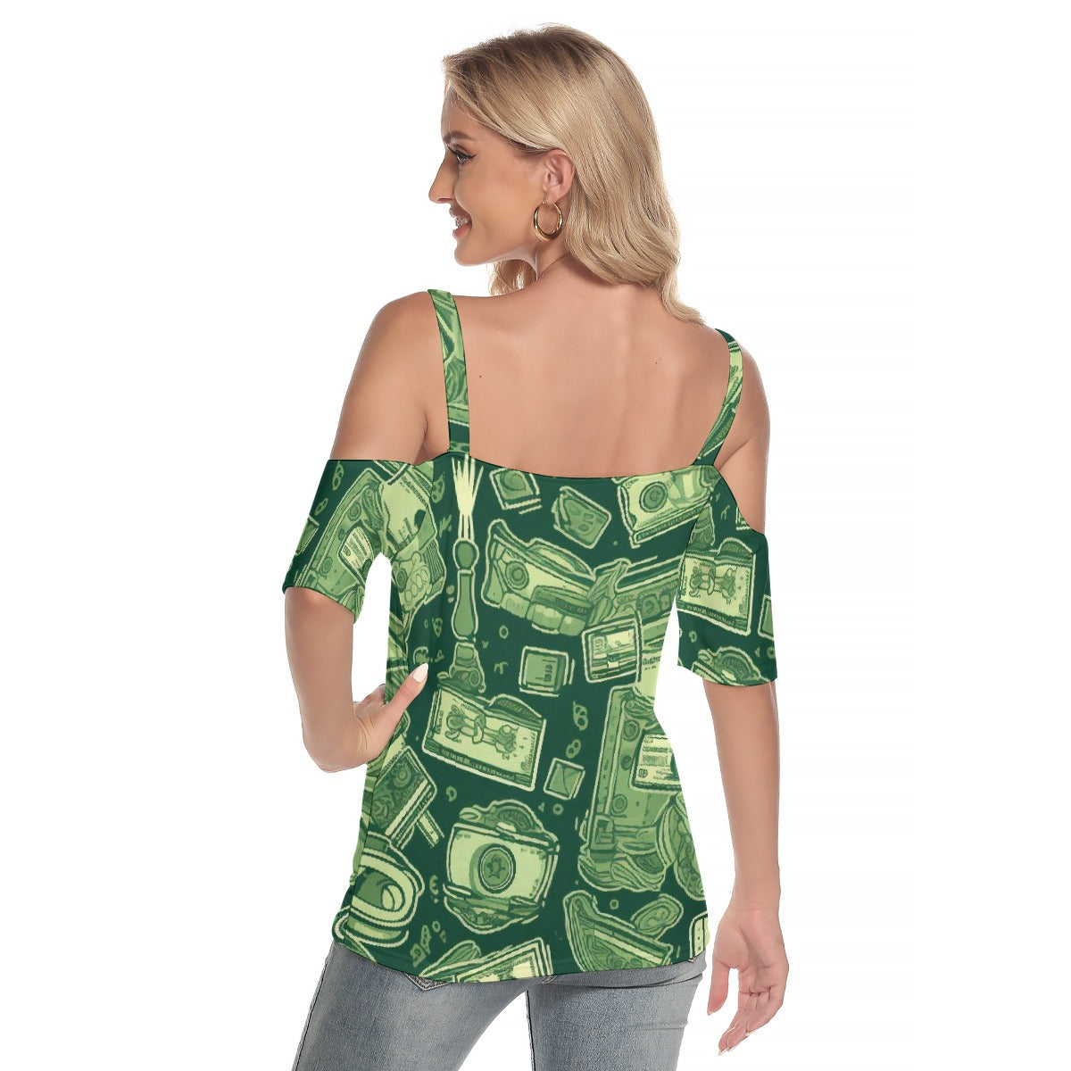 All-Over Print Women's Cold Shoulder T-shirt With Criss Cross Strips