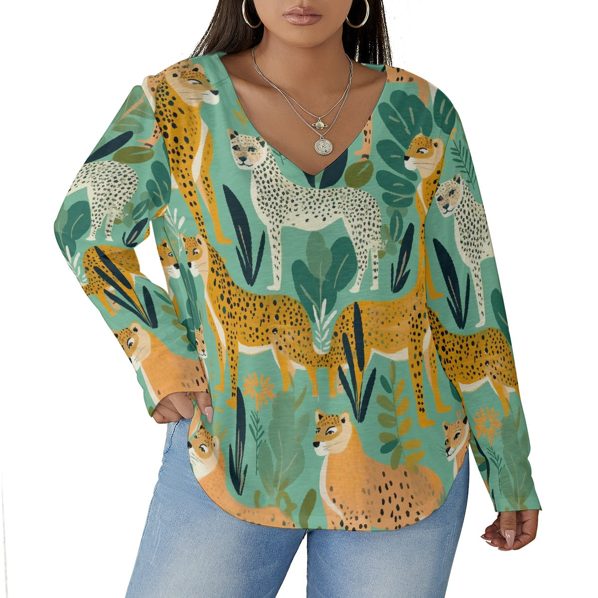 All-Over Print Women's V-neck T-shirt With Curved Hem(Plus Size)