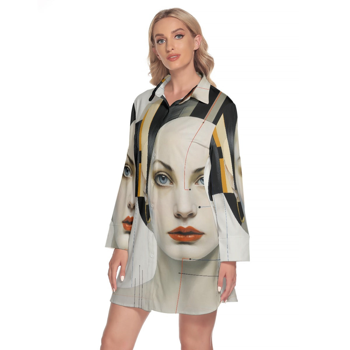 All-Over Print Women's Lapel Shirt Dress With Long Sleeve