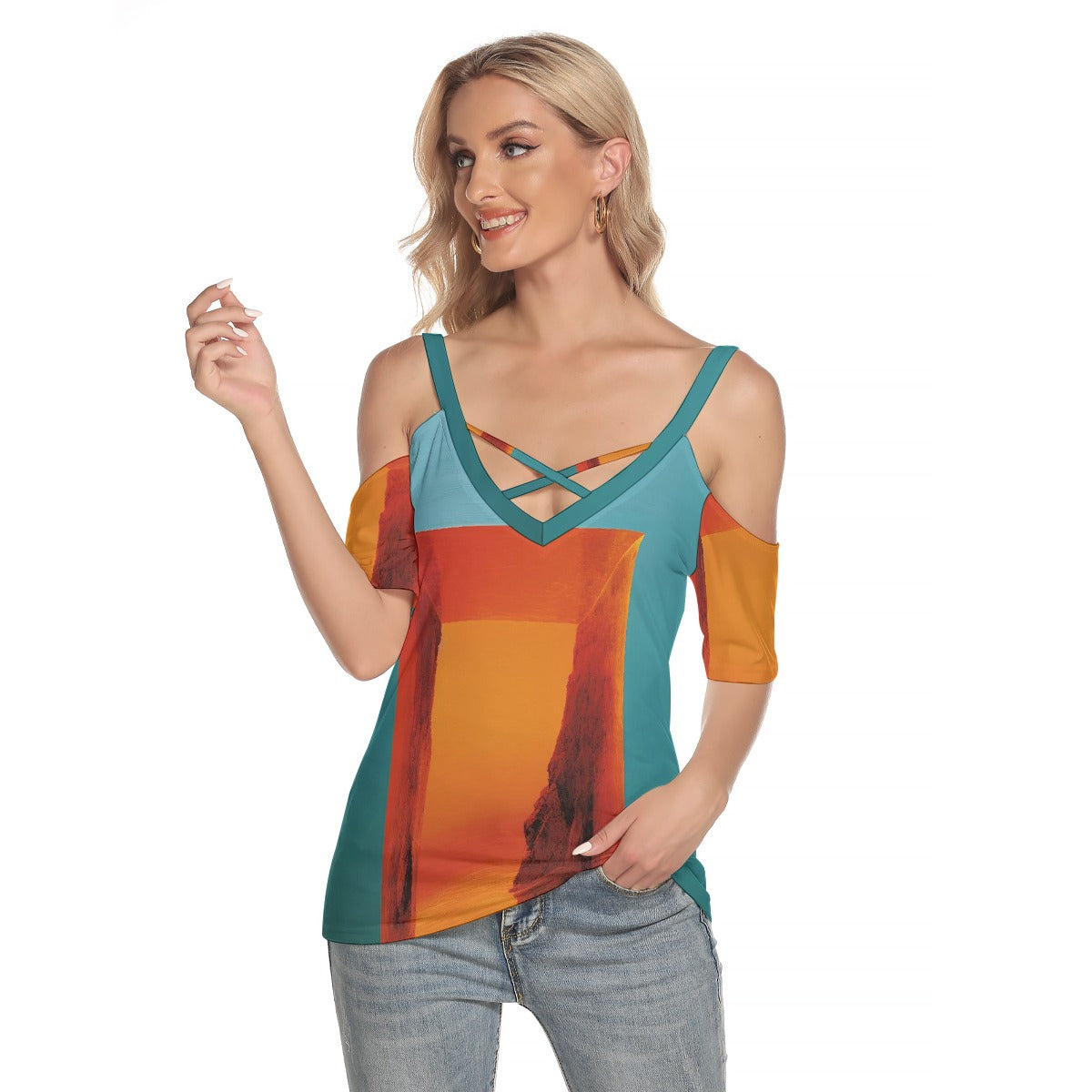 All-Over Print Women's Cold Shoulder T-shirt With Criss Cross Strips