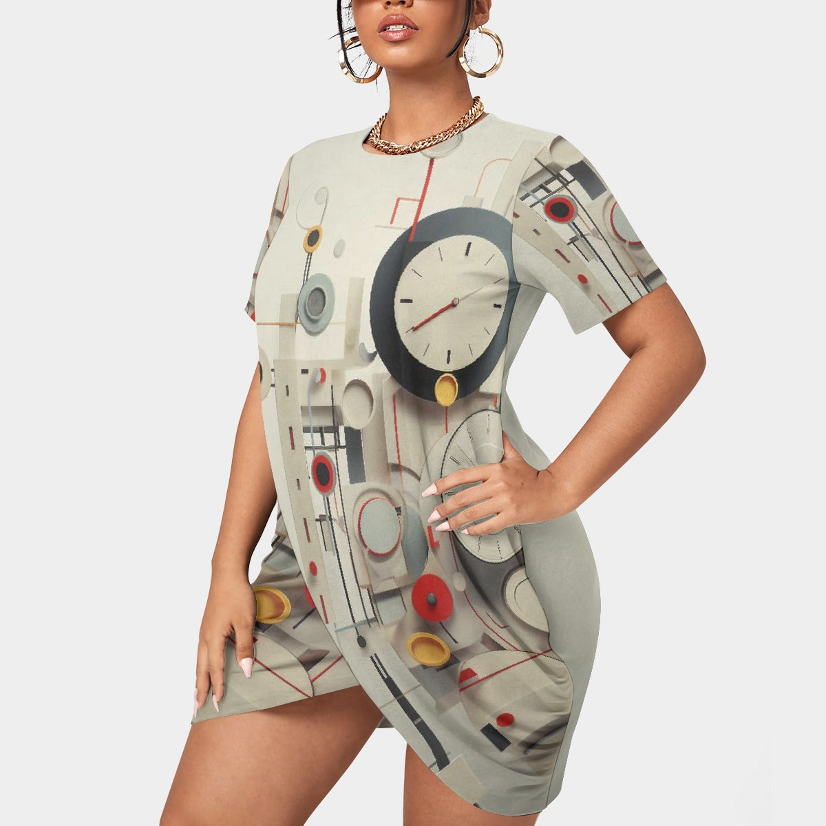 All-Over Print Women’s Stacked Hem Dress With Short Sleeve（Plus Size）