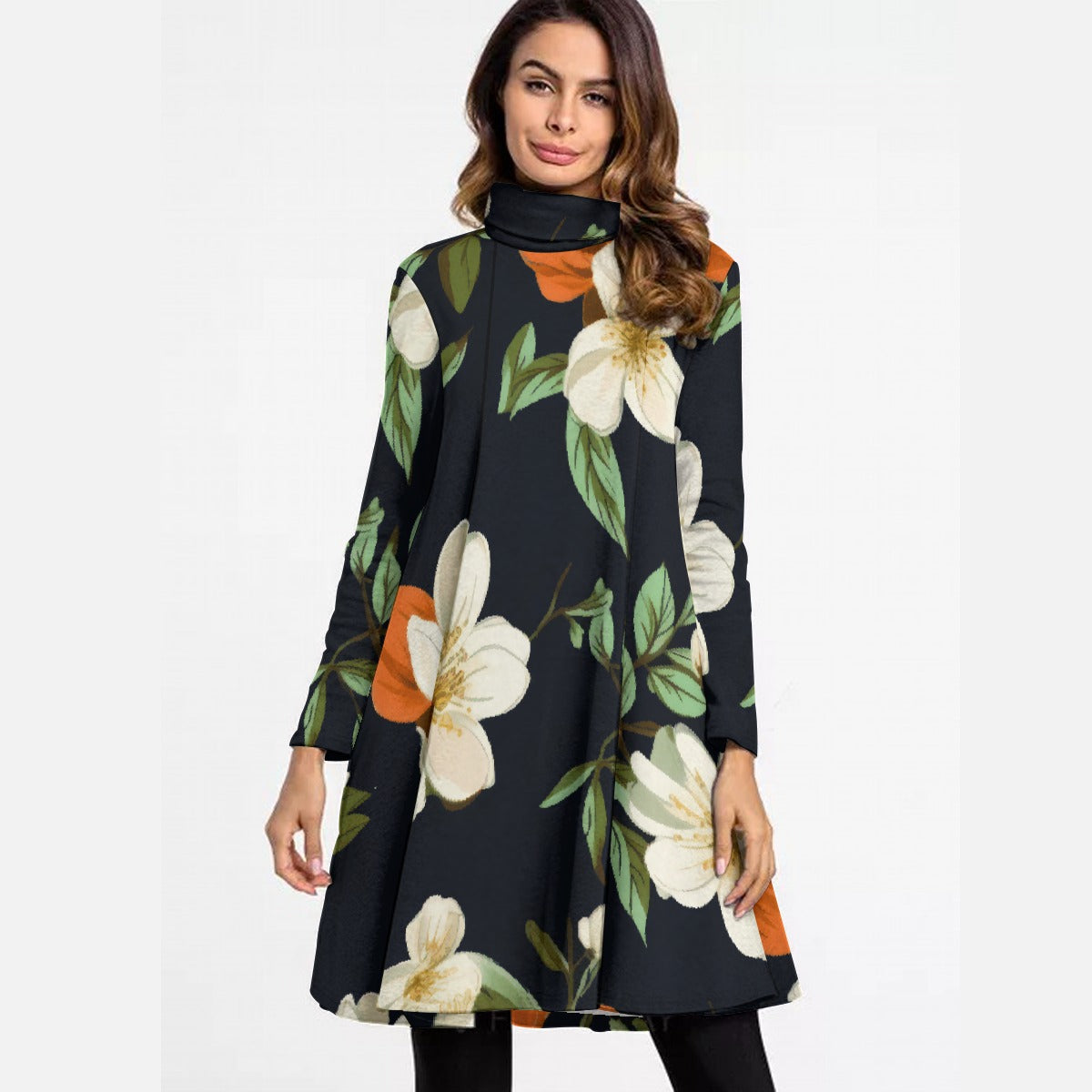 All-Over Print Women's High Neck Dress With Long Sleeve