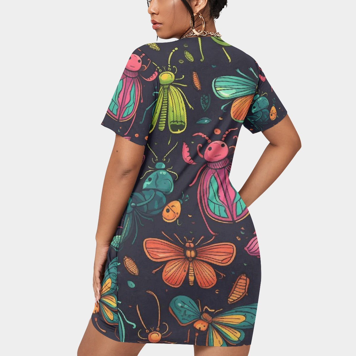 All-Over Print Women’s Stacked Hem Dress With Short Sleeve（Plus Size）