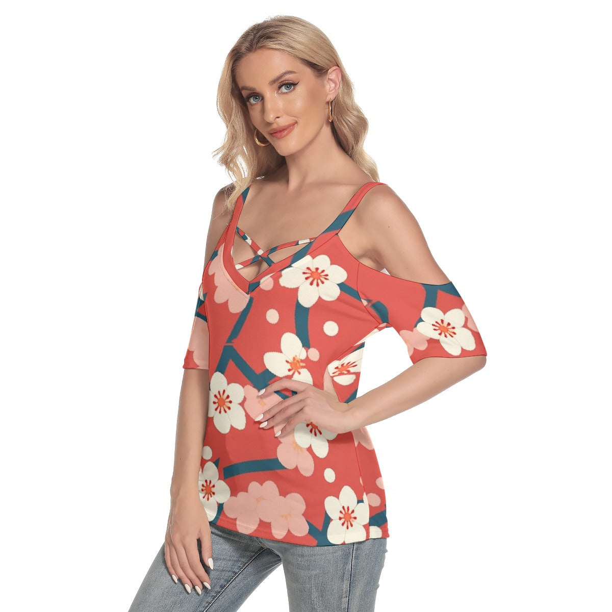 All-Over Print Women's Cold Shoulder T-shirt With Criss Cross Strips