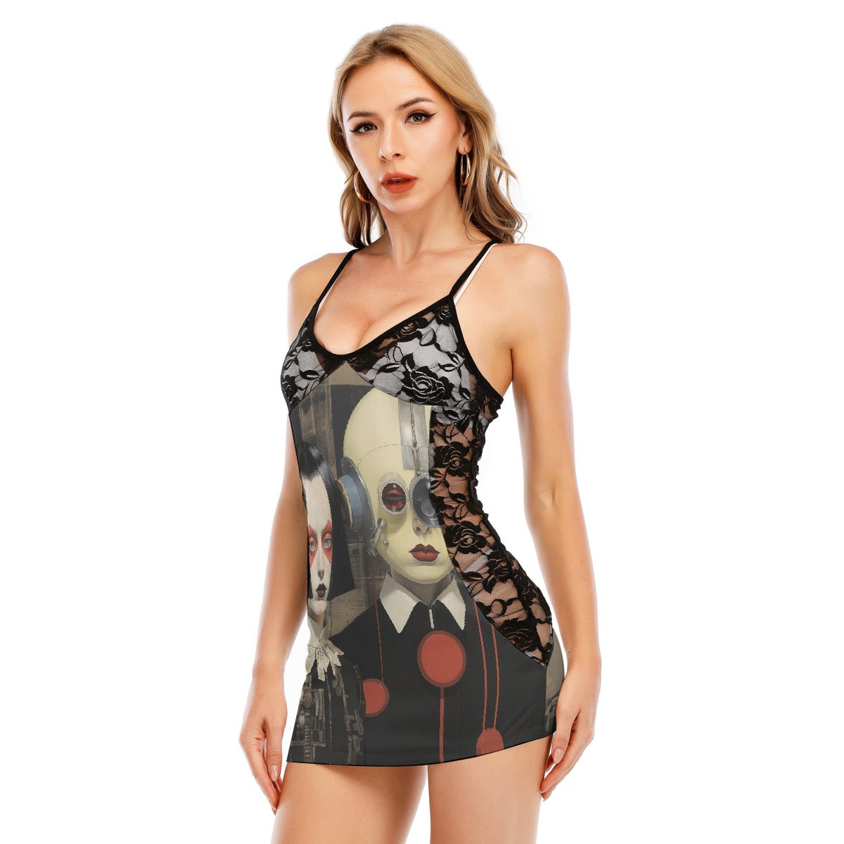 All-Over Print Women's Black Lace Cami Dress