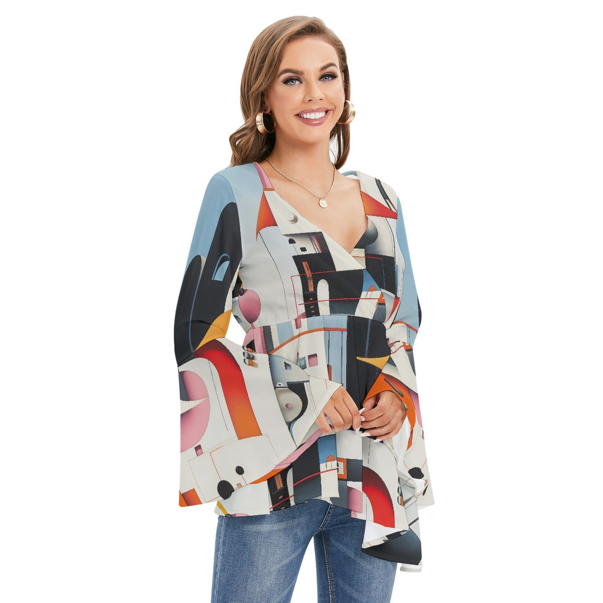 All-Over Print Women's V-neck Blouse With Flared Sleeves