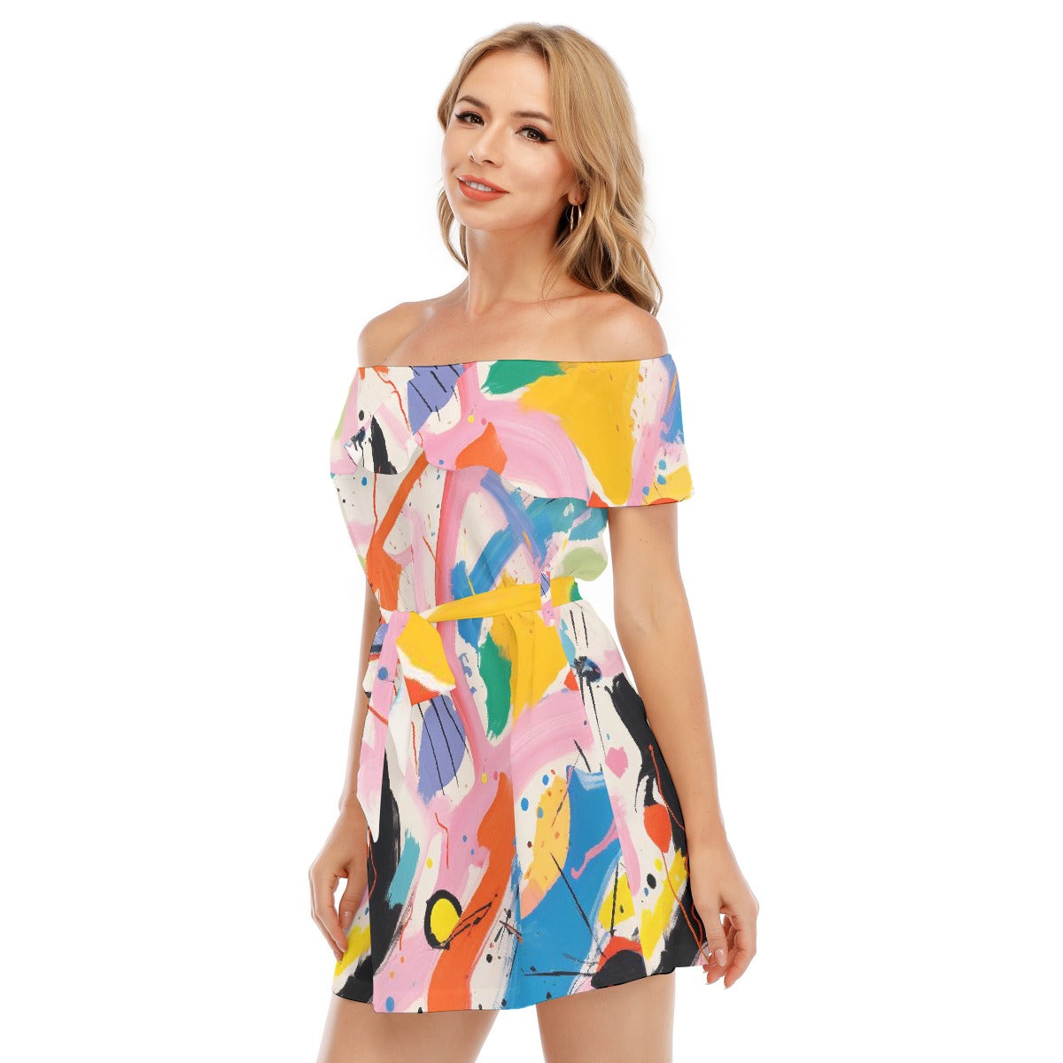 All-Over Print Women's Off-shoulder Dress With Ruffle