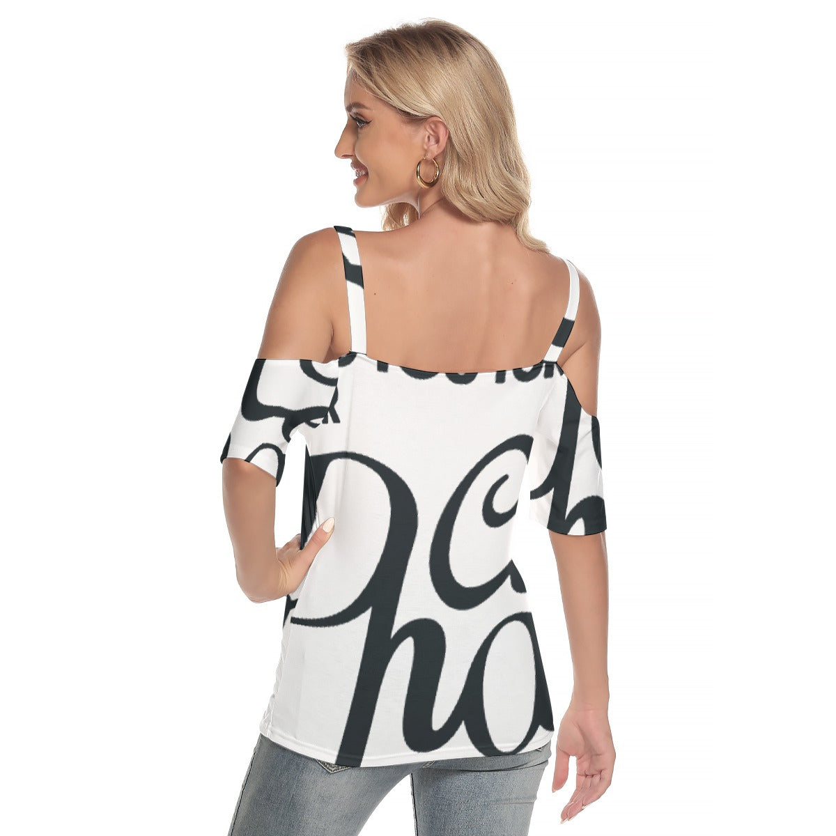 All-Over Print Women's Cold Shoulder T-shirt With Criss Cross Strips