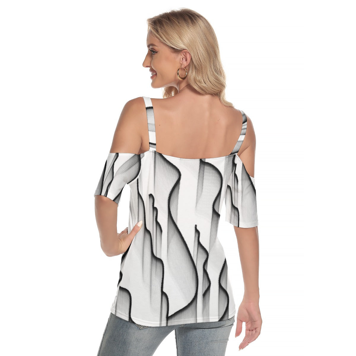 All-Over Print Women's Cold Shoulder T-shirt With Criss Cross Strips