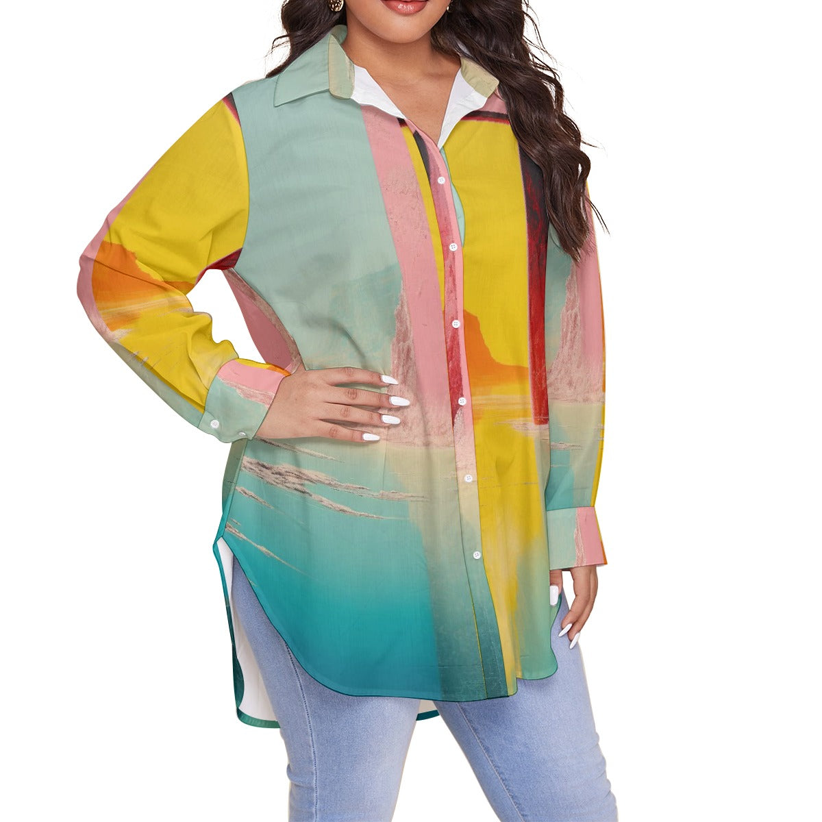 All-Over Print Women's Shirt With Long Sleeve(Plus Size)